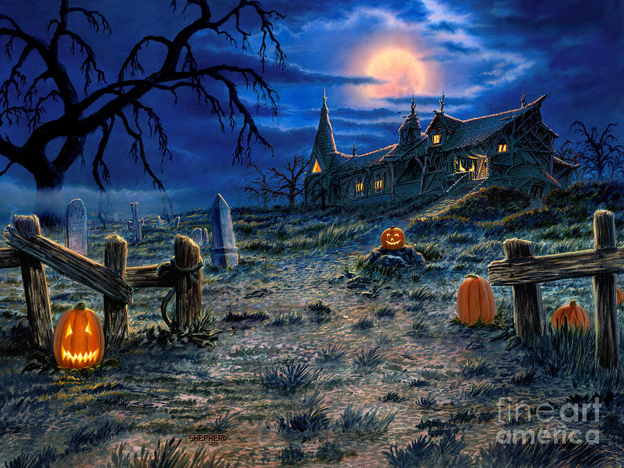 900x675 The Haunted House Painting By Stu Shepherd - Halloween Art Painting