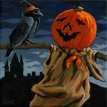 360x360 Black Crow Halloween,pumpkin Scarecrow Night,halloween Art By - Halloween Art Painting