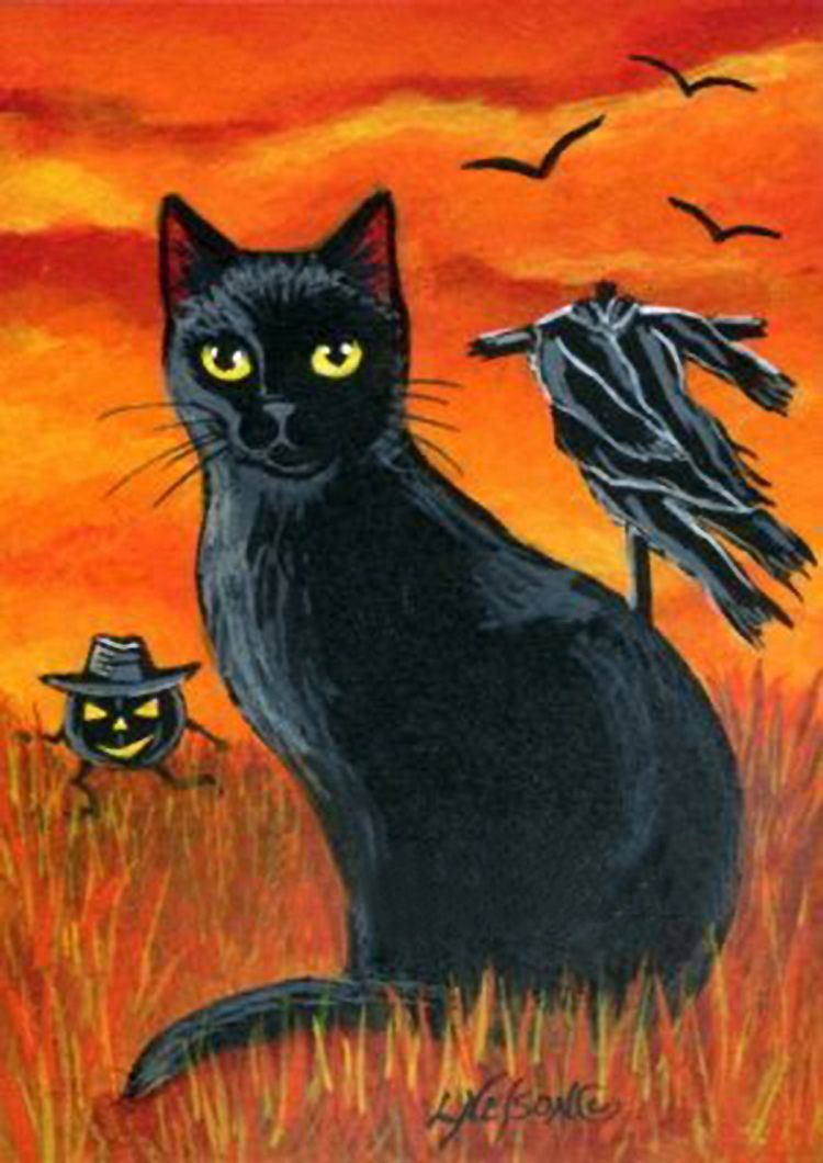 750x1060 Cat Art =^. ^= Black Cat And Headless Scarecrow - Halloween Cat Painting