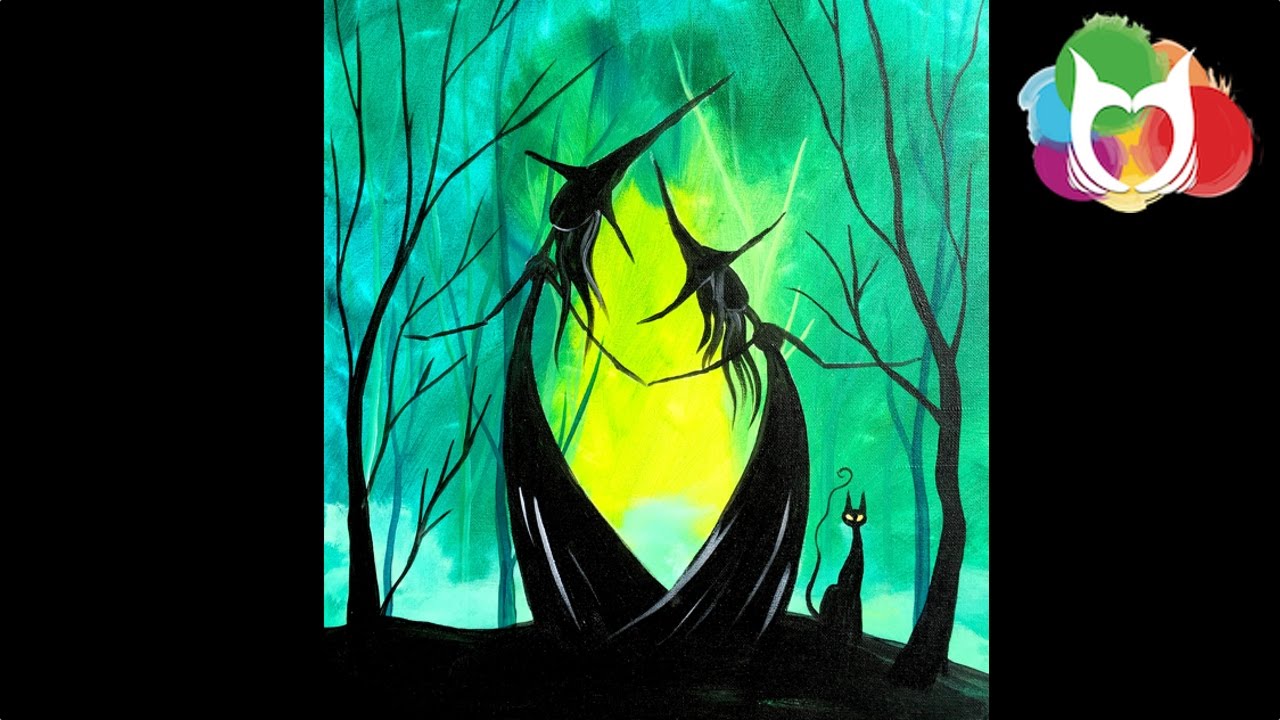 1280x720 Easy Halloween Painting Adorable Witch Sisters In The Woods - Halloween Painting