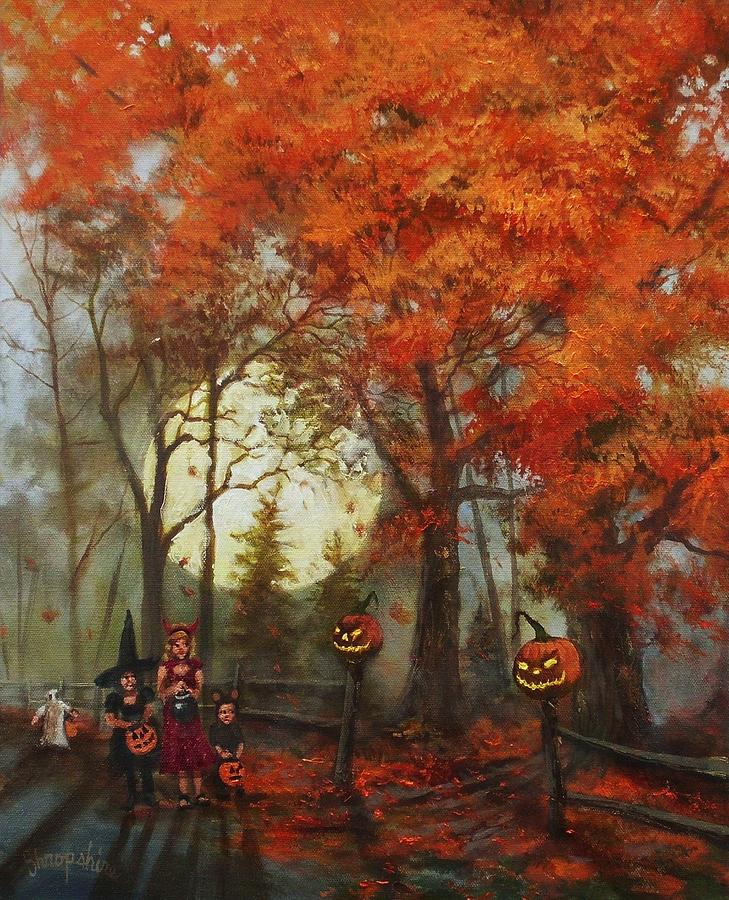 729x900 Full Moon On Halloween Lane Painting By Tom Shropshire - Halloween Painting
