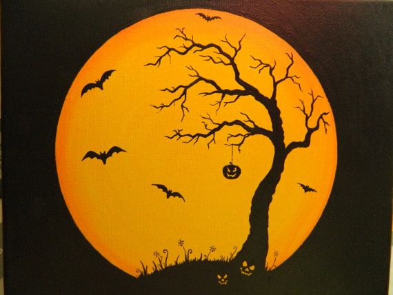 570x428 Original Halloween Canvas Moon Painting With By Maryclaresartwork - Halloween Painting