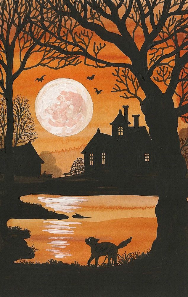 635x1000 Print Of Halloween Painting 5.25 X 8.25 Ryta Vintage Style Black - Halloween Painting