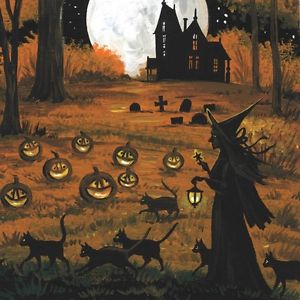 300x300 8x8 Print Of Painting Ryta Folk Halloween Black Cat Witch Vintage - Halloween Painting Games