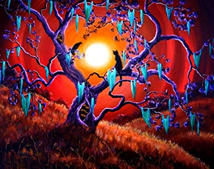 425x335 The Halloween Tree Black Cat Crow Haunted Iverson - Halloween Tree Painting