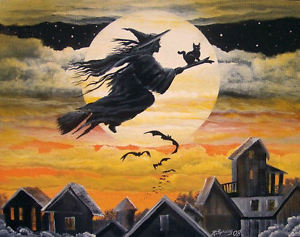 300x237 Folk Art Halloween Witch Flying Over Town Full Moon Print Yellow - Halloween Witch Painting