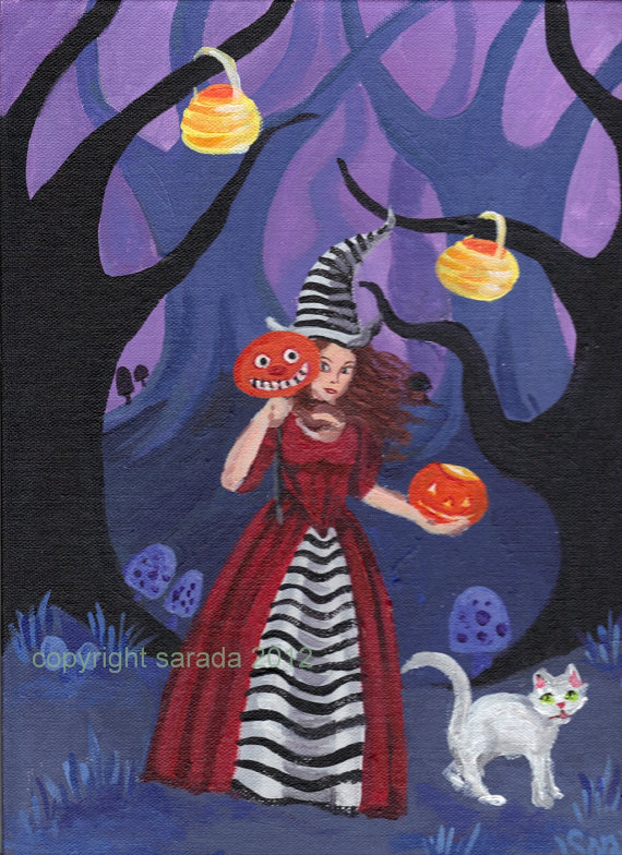 570x784 Gothic Halloween Witch Art Striped Alice Pumpkin Jol White Cat - Halloween Witch Painting