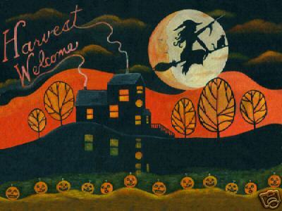 400x300 Halloween Witch Spell Harvest Moon Folk Art Print 12x16 - Halloween Witch Painting