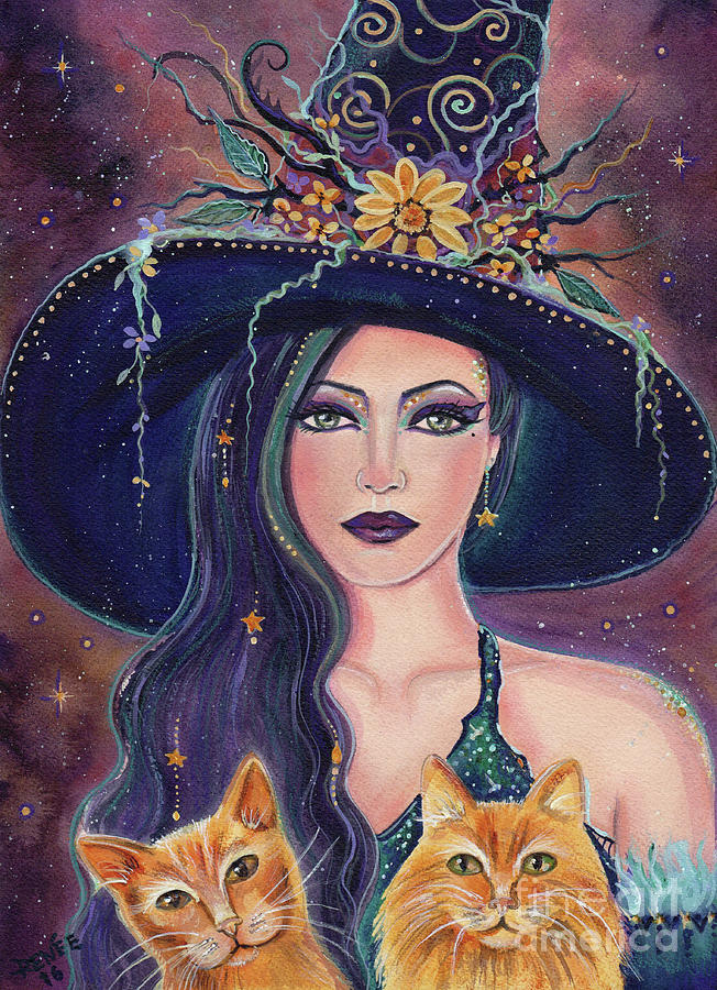 652x900 Jinx And Jazz Halloween Witch With Kitties Painting By Renee Lavoie - Halloween Witch Painting