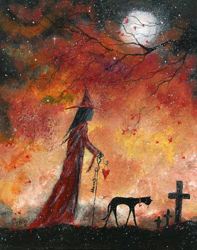 395x500 Original Painting Witch Cat Halloween Cemetery Cross Gothic Folk - Halloween Witch Painting