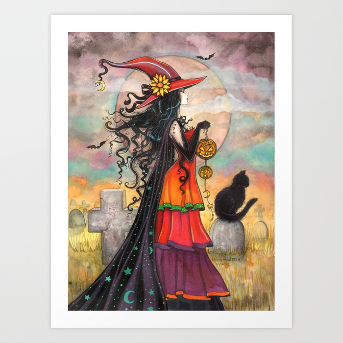700x700 Witch Way Halloween Witch And Cat Fantasy Art By Molly Harrison - Halloween Witch Painting