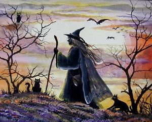 300x240 Folk Art Halloween Witch Walking Cat Owl Trees Full Moon Print Ebay - Halloween Witch Painting