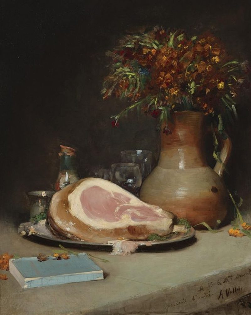800x1002 Still Life With Flowers And Ham Painting Antoine Vollon Oil - Ham Painting