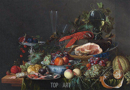 500x348 Still Life With Ham, Lobster And Fruit De Heem Painting - Ham Painting