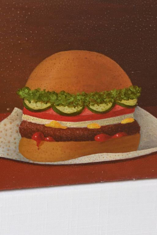 513x768 Signed Oil On Board Vintage Surrealist Style Hamburger Painting - Hamburger Painting