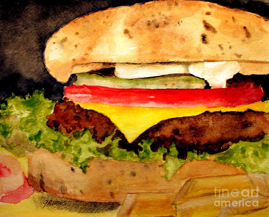 900x725 Yummy Hamburger Painting By Carol Grimes - Hamburger Painting