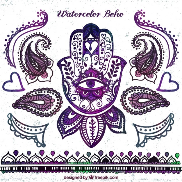 626x626 Hand Painted Fatima's Hand Symbol And Boho Elements Vector Free - Hand Of Fatima Painting