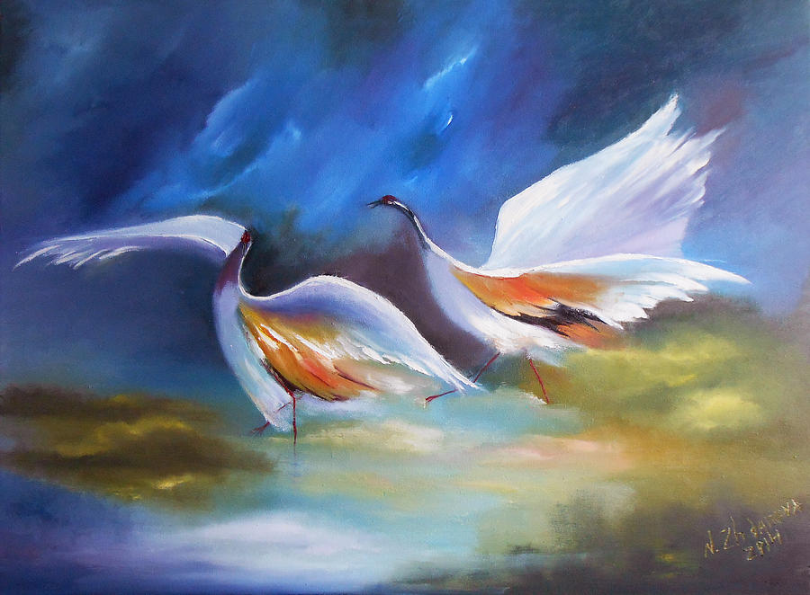 900x662 Herons On The Lake Original Modern Oil Painting With Birds - Handmade Painting