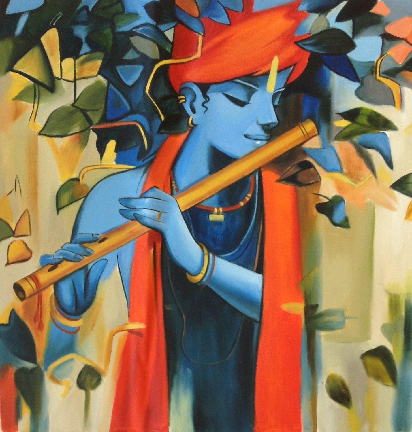 1429x1500 Krishna Hindu Deity Art Handmade Indian Portrait Oil On Canvas - Handmade Painting