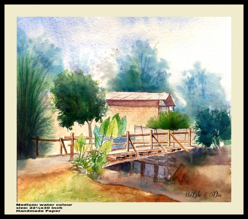 800x705 One A Wood Bridge Very Ricsy By Artist Biki Das Landscape - Handmade Paper For Watercolor Painting