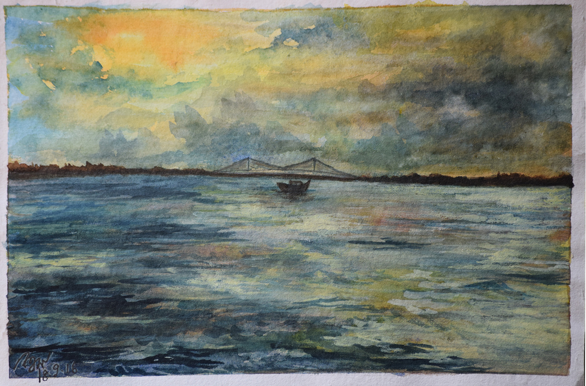2000x1316 Hooghly Bridge Sunset Water Color Painting For Sale - Handmade Paper Painting
