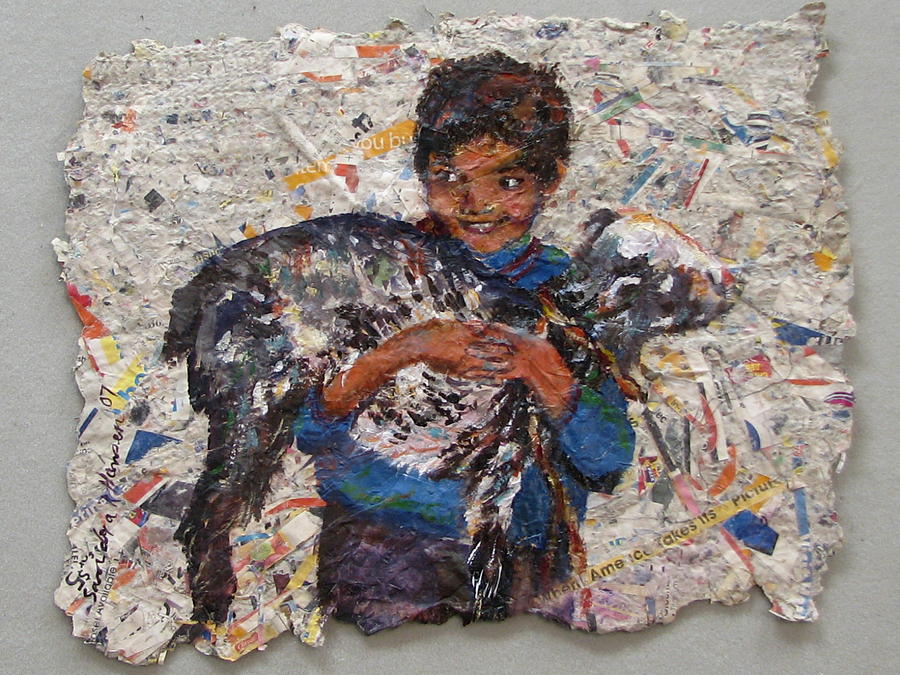 900x675 Child With Goat On Handmade Paper Painting By Art Nomad Sandra Hansen - Handmade Paper Painting