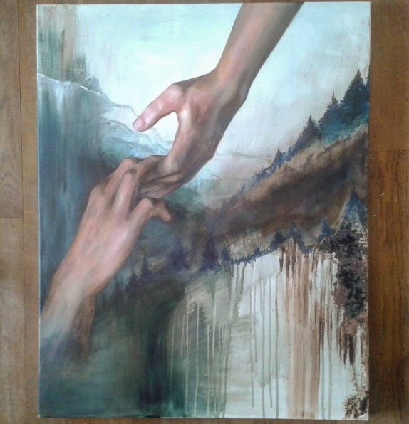 574x596 My Paintings Painting Reaching Hands Acryl On Canvas - Hands Reaching For Each Other Painting