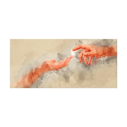 422x422 Watercolor Hands Reaching God And Adam Religious Canvas Print - Hands Reaching For Each Other Painting