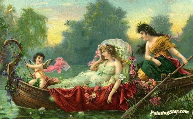 650x402 Lady And Cherub In A Boat Artwork By Hans Zatzka Oil Painting - Hans Painting