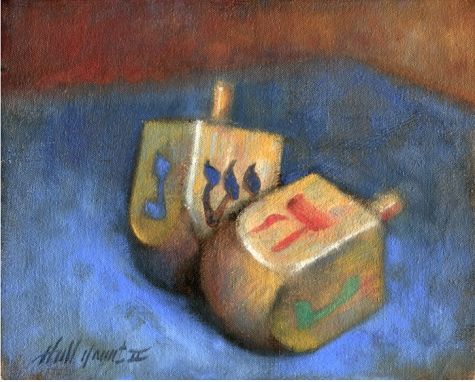 475x382 Dreidels, Hebrew Spinning Top, Jewish Hanukkah Original Art - Hanukkah Painting