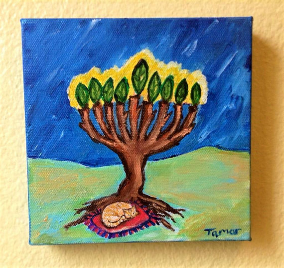 570x537 Hanukkah Art A Cat Asleep Under A Hanukkah Tree Jewish Art - Hanukkah Painting