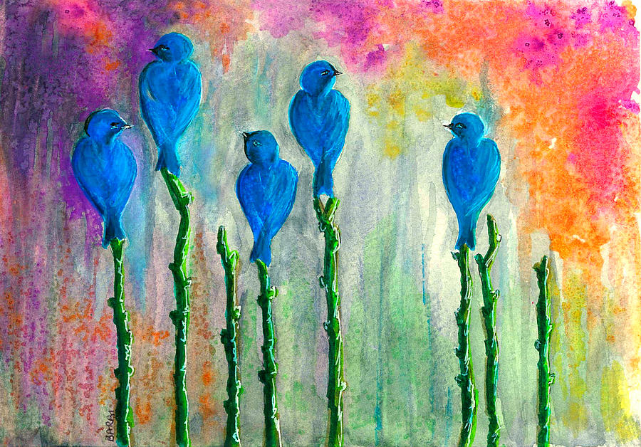 900x628 5 Bluebirds Of Happiness Painting By Barbi Holzmann - Happiness Painting