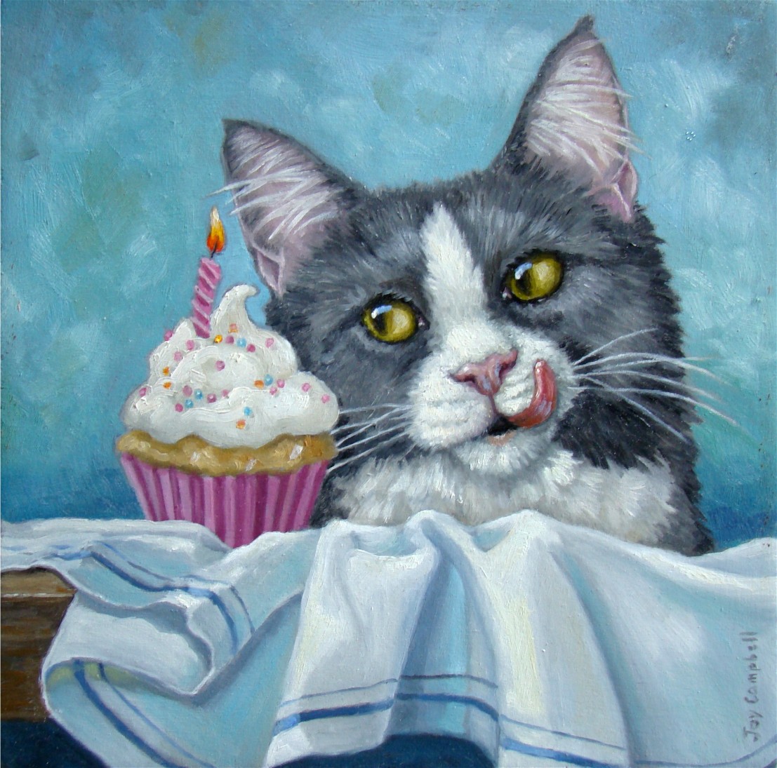 1107x1095 Joy Campbell Painting A Day Birthday Kitty - Happy Birthday Oil Painting