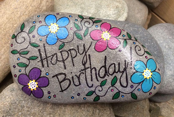 570x384 Happy Rock Happy Birthday Hand Painted Beach River Rock - Happy Birthday Painting