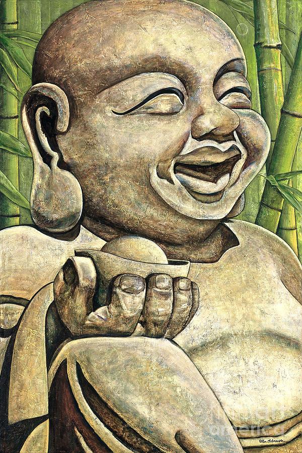 600x900 In Joy Laughing Buddha Painting By Ellen Kalmenson - Happy Buddha Painting