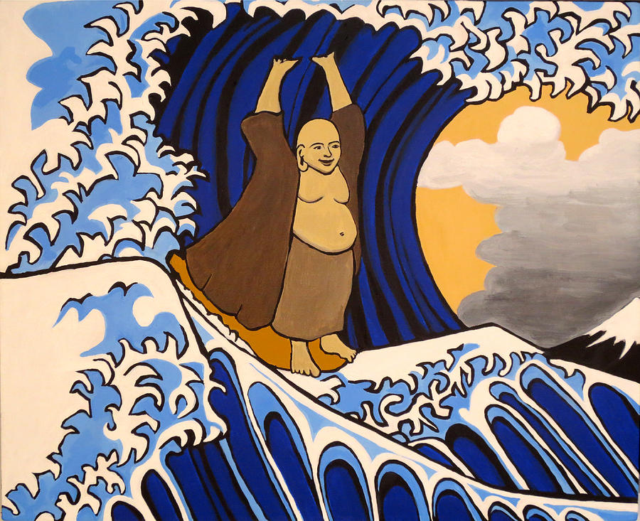 900x733 Tsunami Surfing Buddha Painting By Nathan Winsor - Happy Buddha Painting