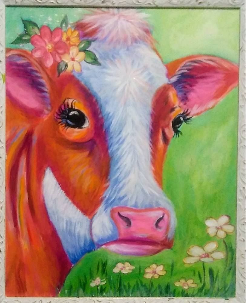 813x1000 Yvette Andino Art Clara The Happy Cow Painting, Calf, Farm Animal - Happy Cow Painting