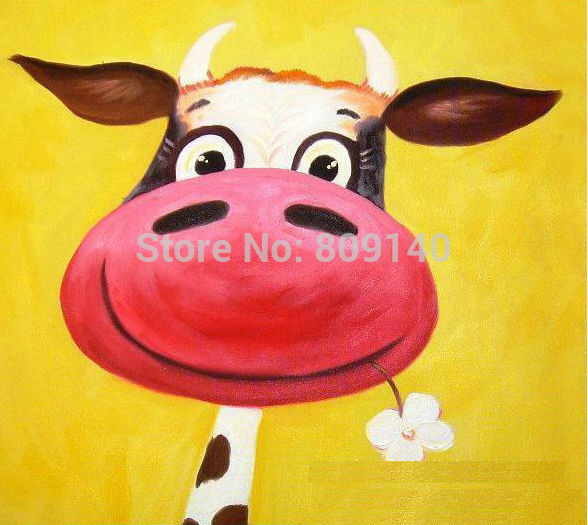 588x525 Kids Cartoon Framed Oil Painting Canvas Happy Cow Handmade Cute - Happy Cow Painting