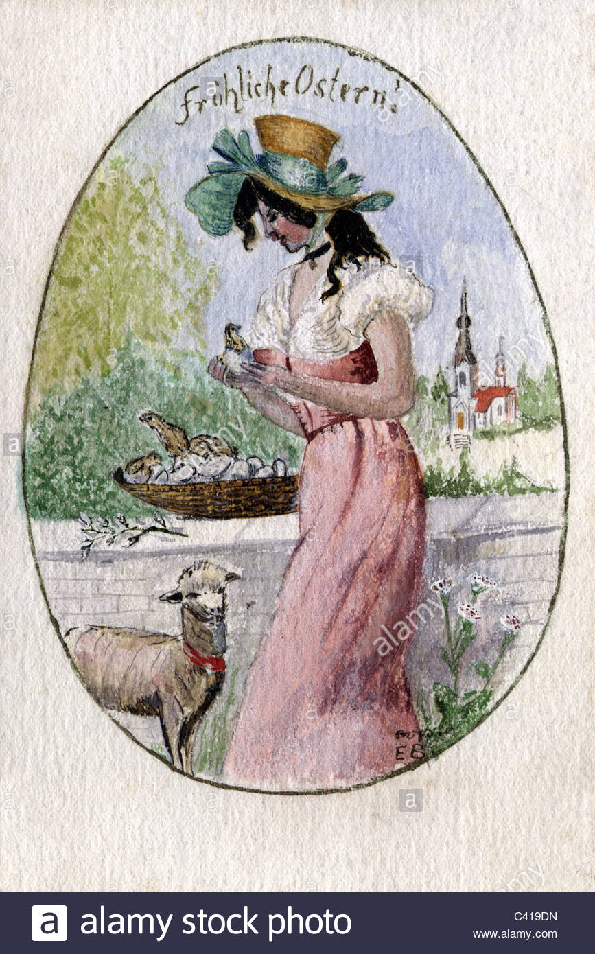 867x1390 Easter, Woman With Lamb And Chick, Greetings Card, Painting, Circa - Happy Easter Painting