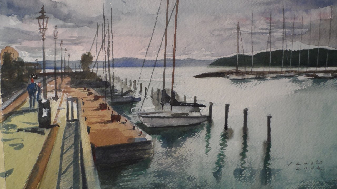 1280x721 Harbour Balatonfured, Watercolour Painting By Vamos - Harbour Painting