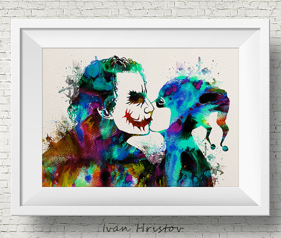 570x482 Joker And Harley Quinn Inspired Kiss Love Watercolor Painting - Harley And Joker Painting