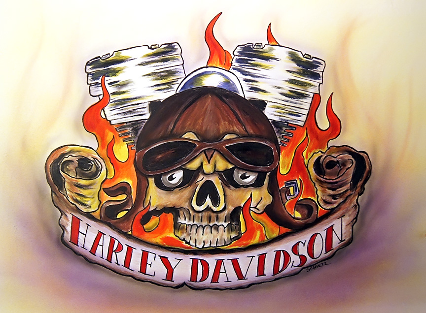 864x636 Flaming Skull (Harley Davidson) By Dx - Harley Davidson Logo Painting