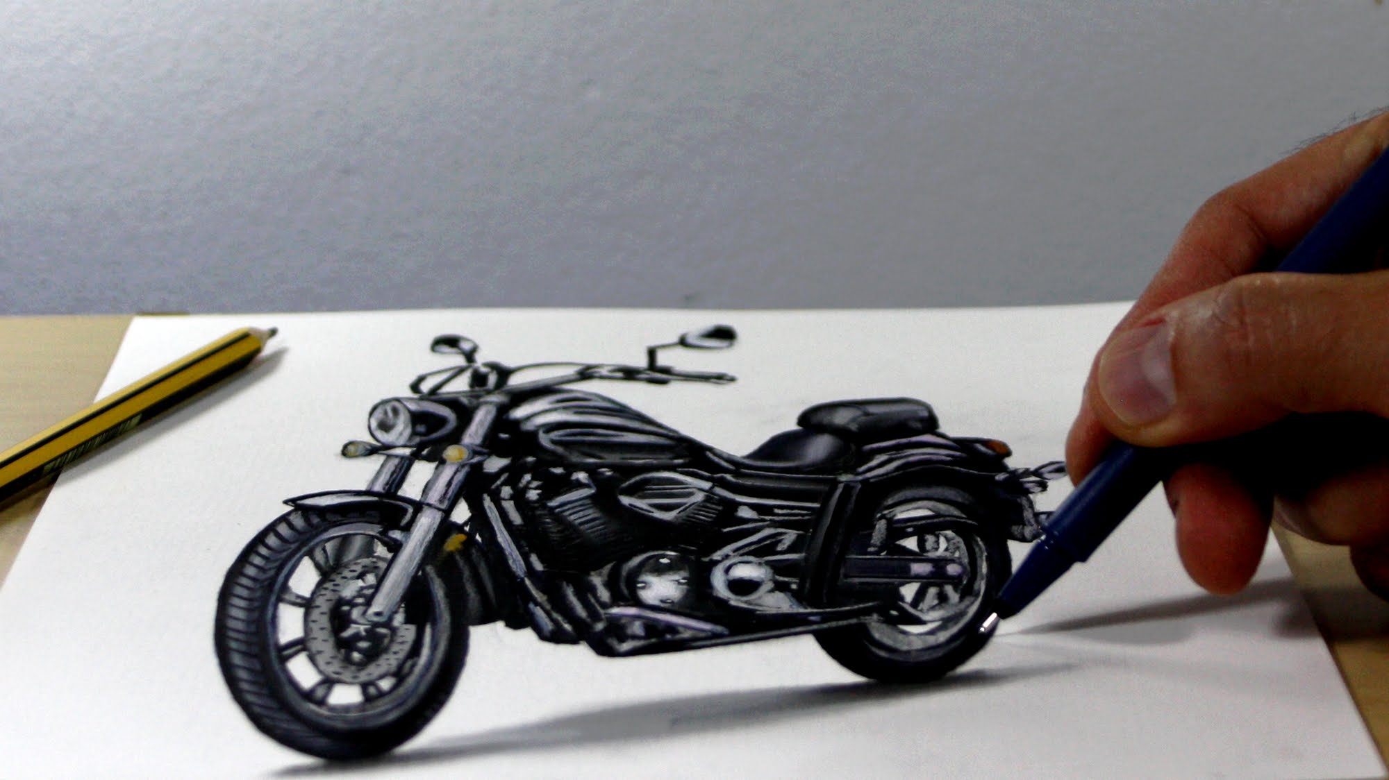 2000x1124 Trick Art On Paper, Painting 3d Harley Davidson - Harley Davidson Painting