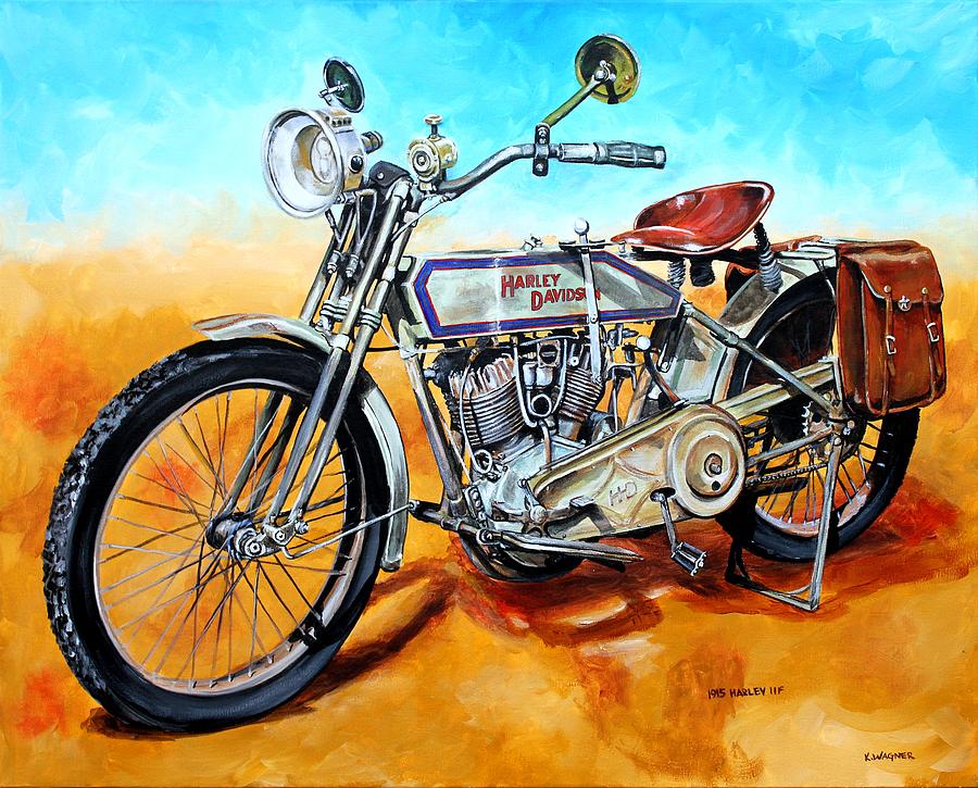 900x725 Vintage 1915 Harley Davidson 11f Painting By Karl Wagner - Harley Davidson Painting