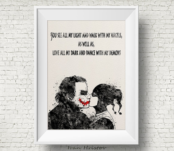 570x497 Joker And Harley Quinn Inspired Quote 1 Watercolor Painting - Harley Quinn Joker Painting