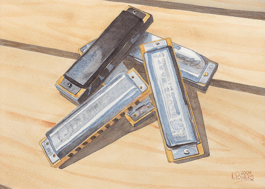 900x641 Harmonica Pile Painting By Ken Powers - Harmonica Painting