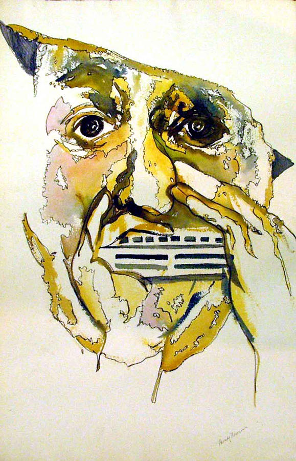 579x900 Harmonica Player Painting By Mindy Newman - Harmonica Painting