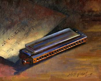 350x282 Harmonica With Sheet Music By Hall Groat Ii - Harmonica Painting