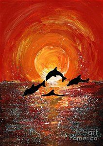 212x300 Dolphins Jumping In Gorgeous Golden Sunlight. Prophetic Painting - Harmony Painting