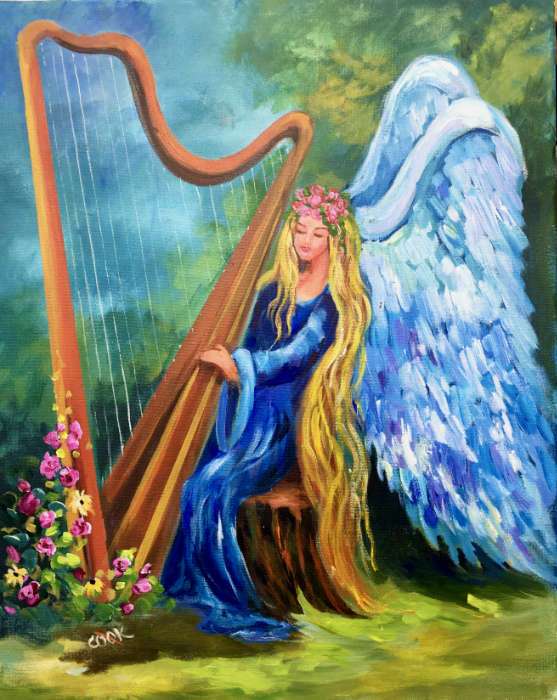 557x700 Angel With Harp - Harp Painting